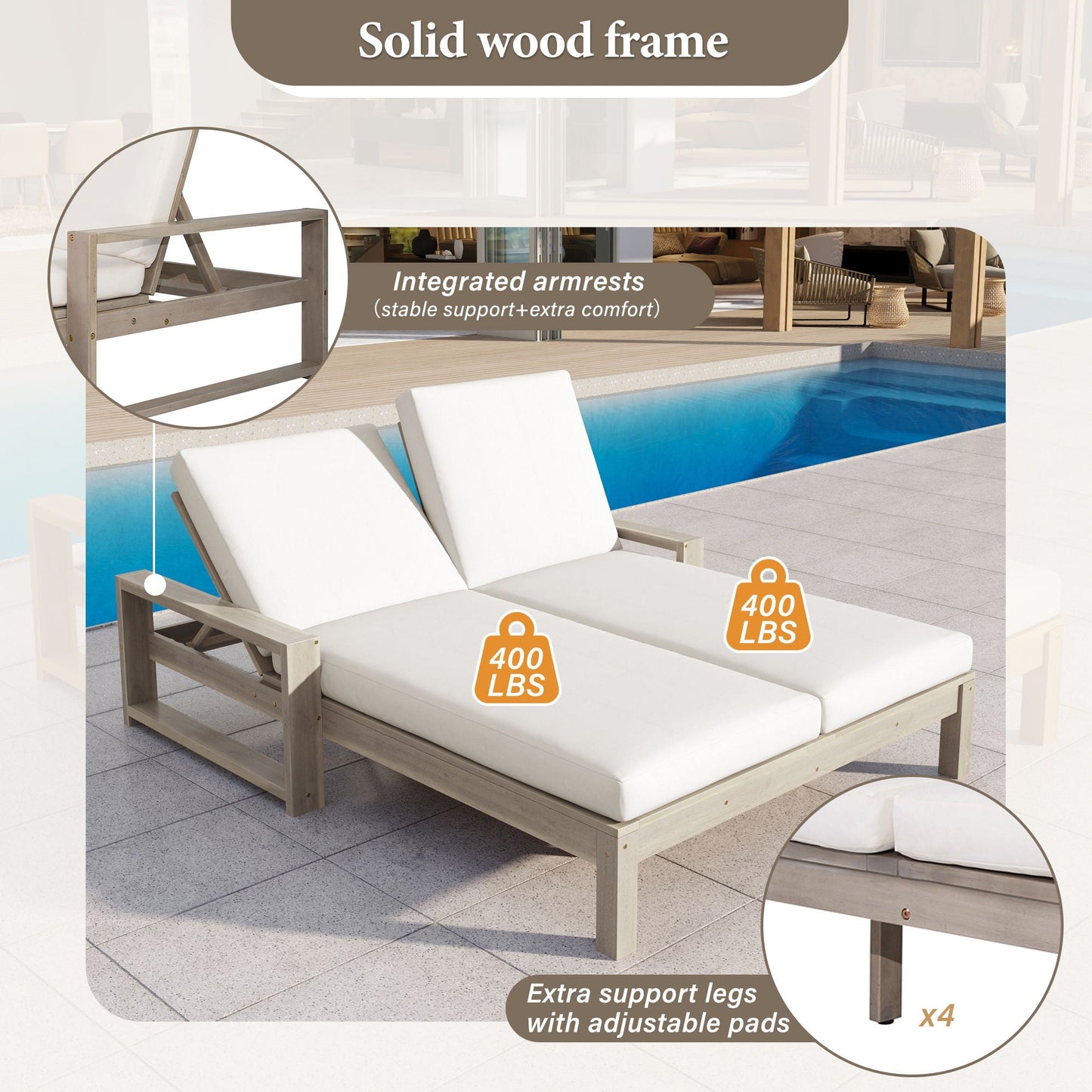 Outdoor Double Lounge Chair With 5 Position Adjustable Backrest