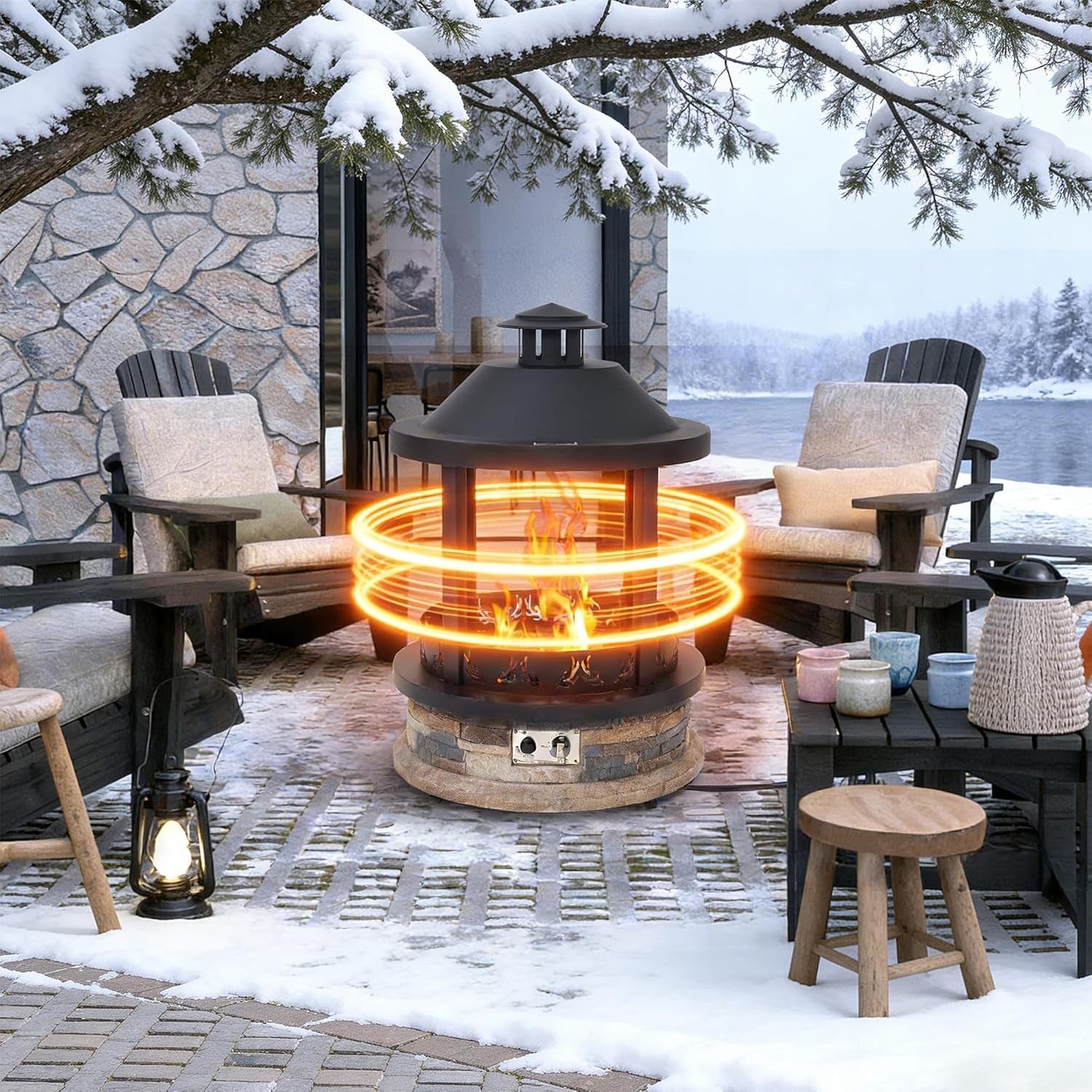 28-Inch Outdoor Propane Fire Pit, 65,000 BTU Lantern Top Patio Gas Fire Pit, Gazabo Gas Fireplace with Faux Stone Base, Lava Rocks, Cover & Pre-Attached 10Ft Propane Hose