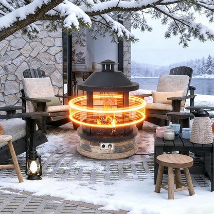 28-Inch Outdoor Propane Fire Pit, 65,000 BTU Lantern Top Patio Gas Fire Pit, Gazabo Gas Fireplace with Faux Stone Base, Lava Rocks, Cover & Pre-Attached 10Ft Propane Hose