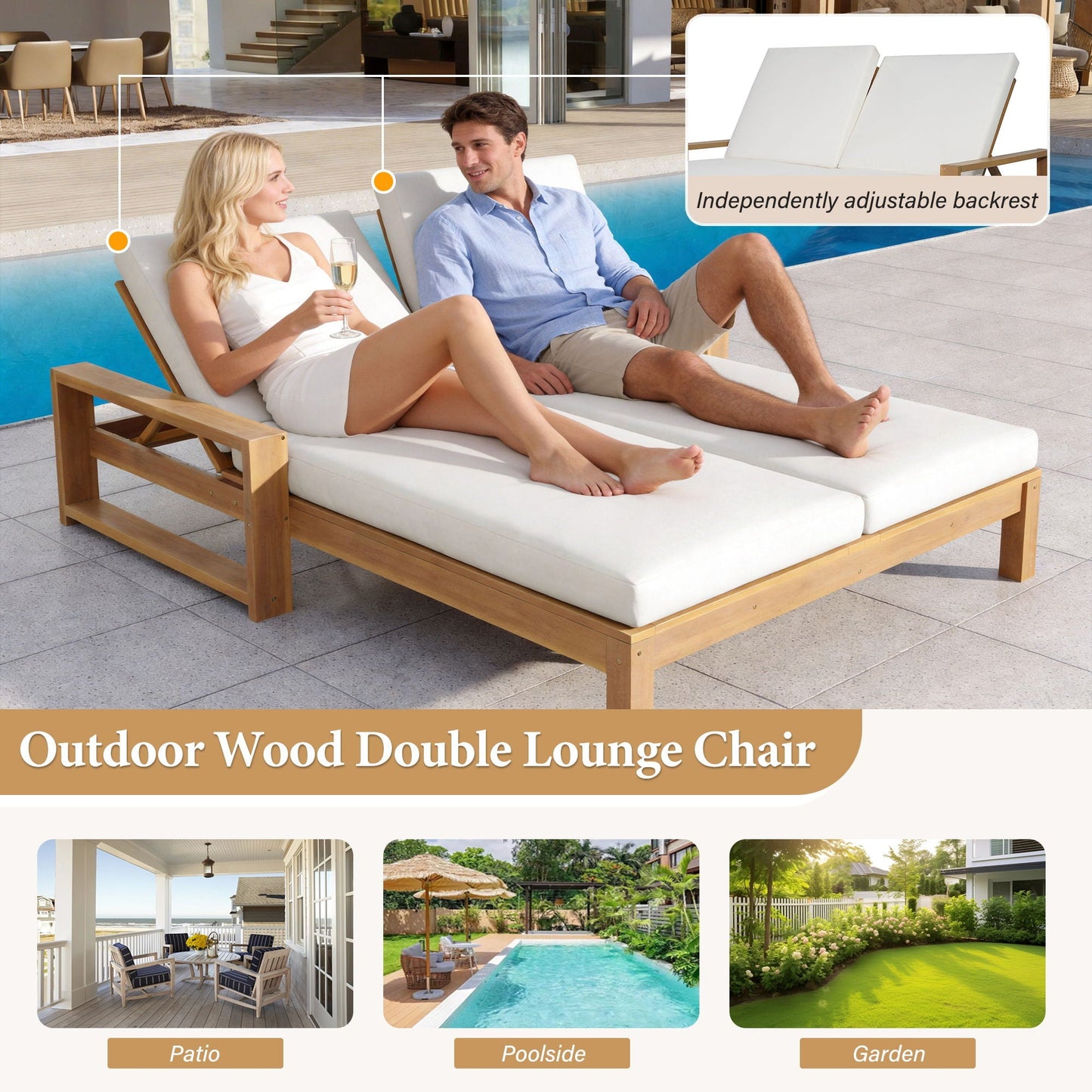 Outdoor Double Lounge Chair With 5 Position Adjustable Backrest