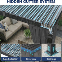 10' X 12' Louvered Pergola, Aluminum Outdoor Pergola with Curtains & Netting, Adjustable Louvered Roof & Integrated Gutter System, Hardtop Patio Gazebo for Backyard, Patio, Garden, Dark Gray