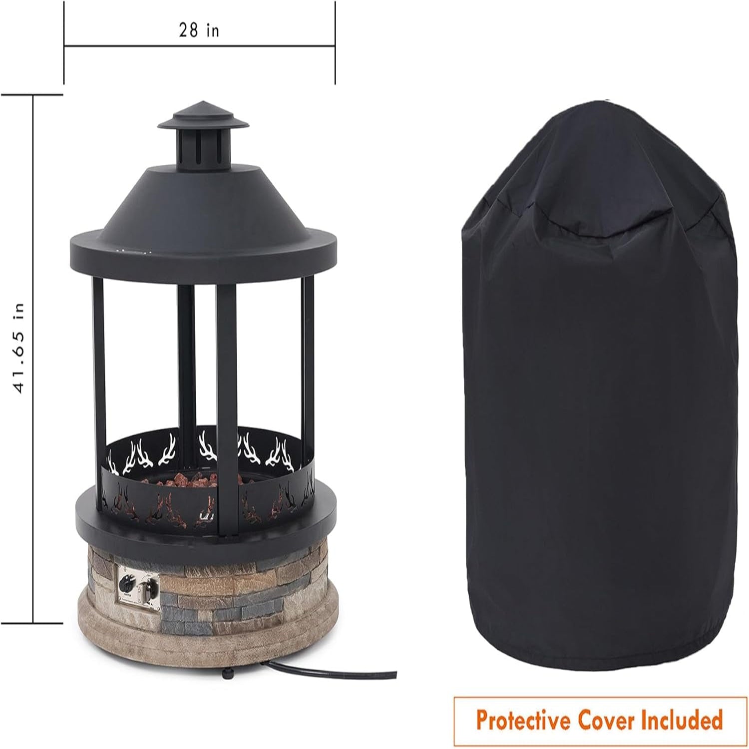 28-Inch Outdoor Propane Fire Pit, 65,000 BTU Lantern Top Patio Gas Fire Pit, Gazabo Gas Fireplace with Faux Stone Base, Lava Rocks, Cover & Pre-Attached 10Ft Propane Hose
