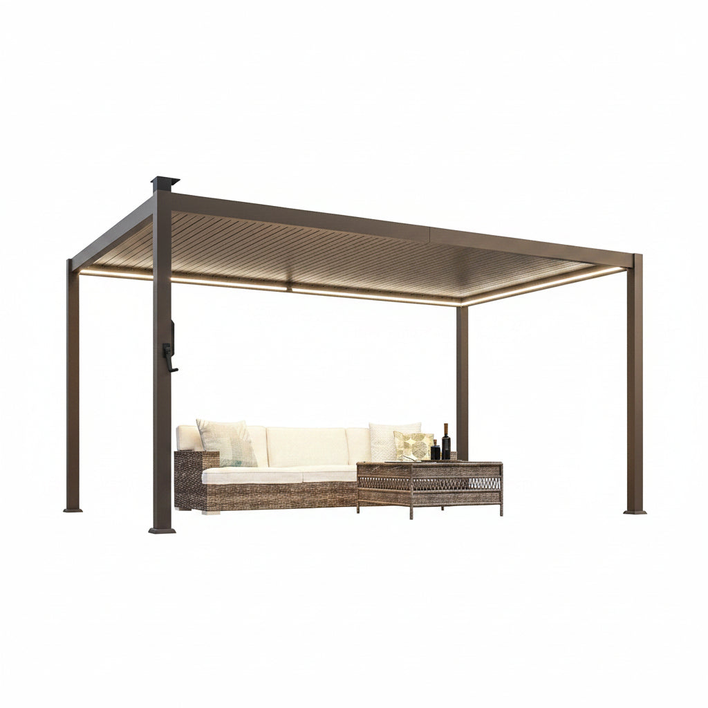 Outdoor Metal Solar LED Louvered Pergola with Adjustable Roof