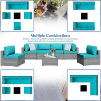 7 Piece Outdoor Patio Furniture Set, Silver Rattan Wicker Sectional Sofa, All Weather Conversation Set with Washable Cushions & Glass Coffee Table for Backyard Poolside Garden Porch,Blue